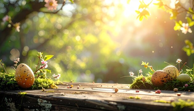 Osterdekoration auf rustikalem Holztisch