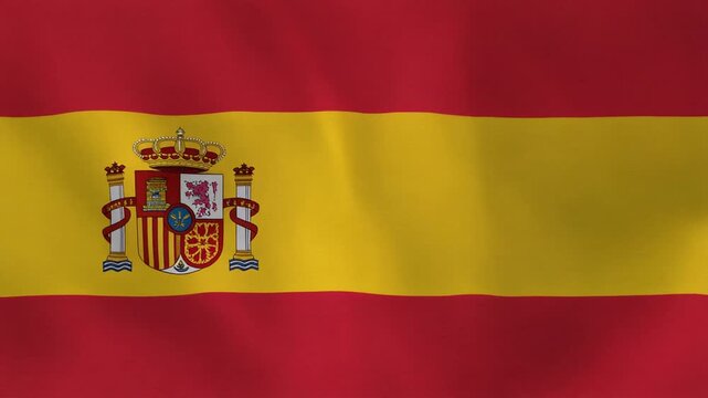 Three-stripe Spanish flag&mdash;red top and bottom, wide yellow center with detailed coat of arms on left.