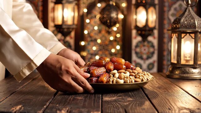 Man placing plate of dates and nuts on wooden table with lanterns and lights in background for Ramadan celebration