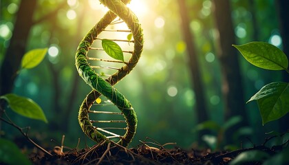 Green DNA Helix Representing Nature in a Forest Setting