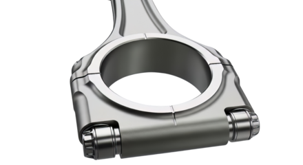 A close-up view of a metallic connecting rod displayed on a plain white background from a slightly angled viewpoint showcasing its detailed structure and industrial design