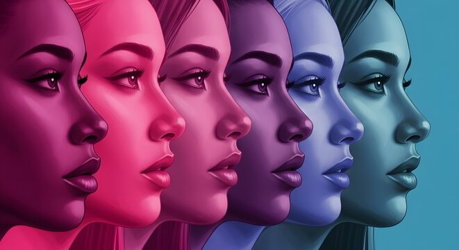 Diverse women's faces in profile, transitioning through a spectrum of vibrant colors, representing unity and strength.
