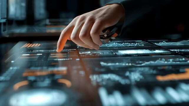 Closeup medium shot capturing algorithmdriven candidate sorting with digital graphs and data analytics interface in a modern office.