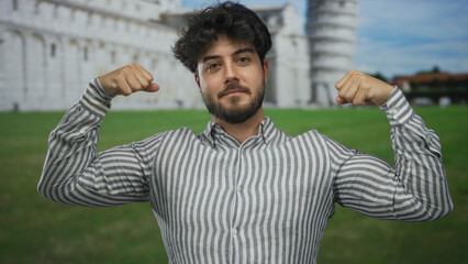 Fototapeta premium Young hispanic man with a beard flexing his arms confidently in front of the iconic pisa tower on a sunny day outdoors.