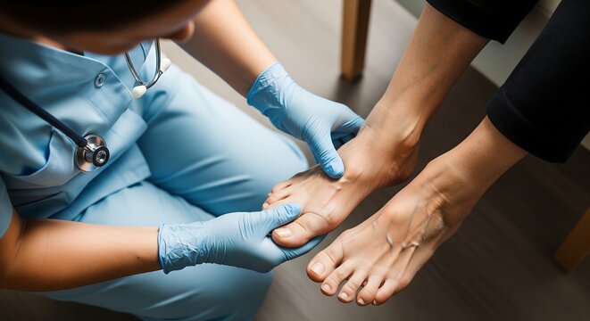 Podiatrist examining a patient's foot, focusing on the toes and arch for potential issues.
