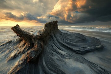Sunlight highlights weathered driftwood on a sandy beach under dramatic clouds at sunset