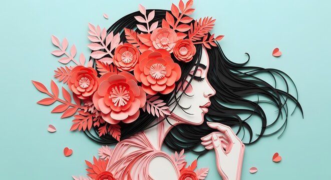 Artistic paper cut illustration of a woman's profile with coral flowers and flowing dark hair.