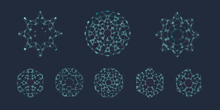 Abstract geometric shapes with interconnected lines and nodes on a dark background