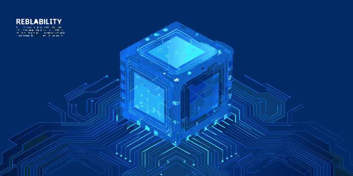 a blue cube on a circuit board with reliability text
