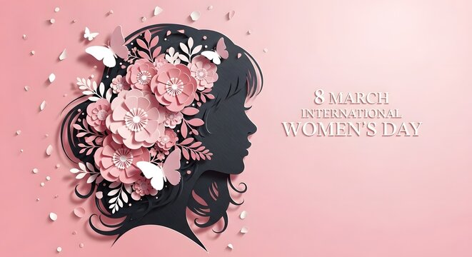 Silhouette profile of a woman's head adorned with paper flowers and butterflies for Women's Day.