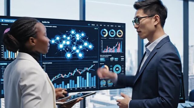 A dynamic scene captures two diverse business professionals intently analyzing complex data visualizations on a large, glowing digital display in a modern office setting. One individual points emphati