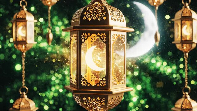 Ramadan celebration with traditional lanterns hanging in front of a crescent moon and green sparkling lights in the background, possibly used for Eid or Islamic holiday greeting cards
