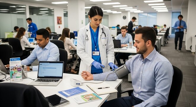 A nurse checks a man's blood pressure in a modern office environment with other employees working in the background.