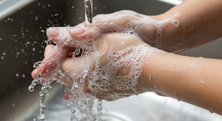 Close-up of hands being thoroughly washed with soap and water in a sink, creating a lot of foam.