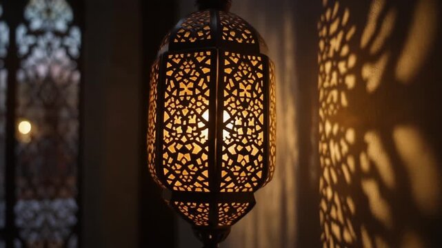 Traditional lantern hanging in a dimly lit room with intricate patterns casting shadows on the wall and window