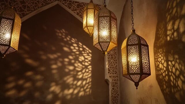 Traditional lanterns hang from ceiling in ornate Middle Eastern interior with intricate patterns casting shadows on walls