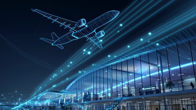 Futuristic airport terminal with a holographic plane and glowing digital pathways