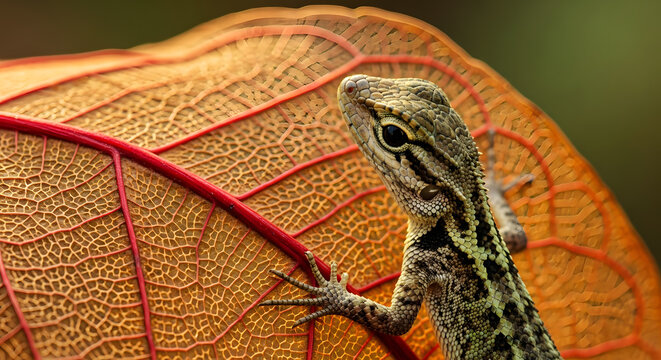 Detailed Portrait of Lizard on Textured Orange Autumn Leaf