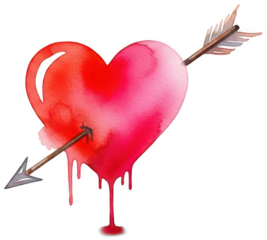 Watercolor red heart pierced by arrow symbol of love dripping paint on transparent background PNG