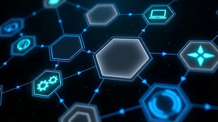 Digital network of interconnected hexagonal nodes with glowing blue icons representing technology and data flow connection communication system abstract future innovation science information