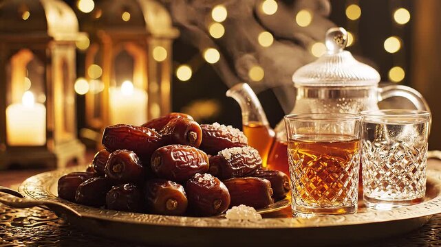 Traditional Ramadan iftar table setting with dates, tea, and lanterns in a cozy indoor setting at night