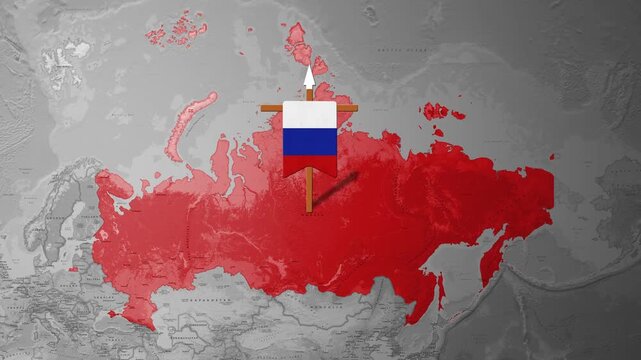 Russia highlighted on the world map with national flag animation