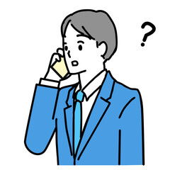 スマホで電話して疑問を持つ若いサラリーマンのイラスト