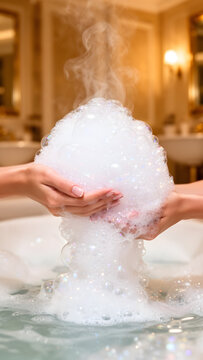 Hands holding a large pile of steaming bath bubbles in a luxurious tub