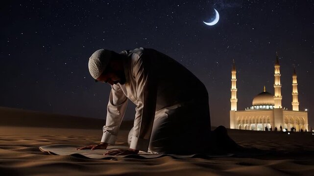 Muslim man praying on desert sand at night with mosque and crescent moon