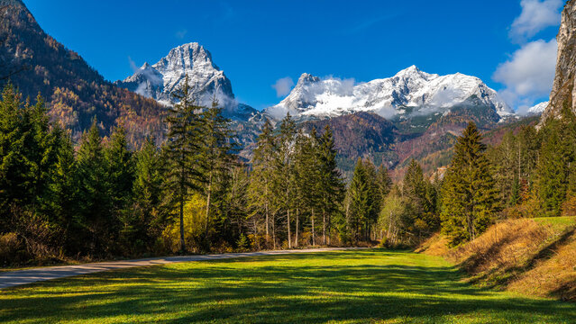 Mountain Landscape Schiederweiher Alpine Lake Snowcapped Mountains Autumn Forest Tranquil Nature Scene in Upper Austria European Alps