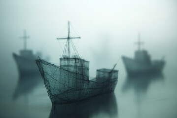Fototapeta premium Fog envelops fishing boats silhouetted against a serene water backdrop at dawn