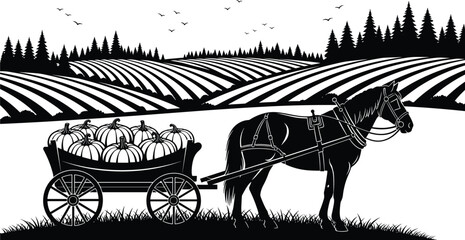 Black and white silhouette of a horse pulling a wooden cart filled with pumpkins through a rural farm landscape with rolling hills, © MDRAZIURRAHMAN