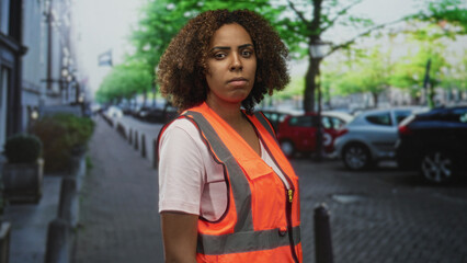 Woman in reflective safety vest standing on street looking to the side with a serious expression;...