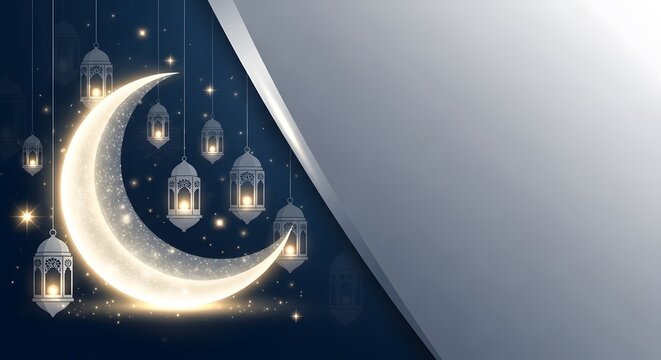Luxurious ramadan kareem template with glowing crescent moon hanging lanterns and curved gray panel for text placement on navy blue starry background
