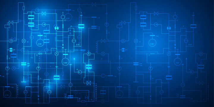Technological neon background. Electrical diagram. Technical drawing. Vector illustration .
