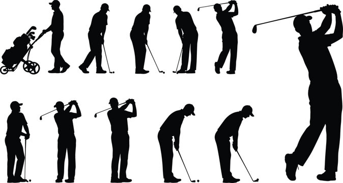 Professional golfer silhouette set with golf bag trolley putting stances and dynamic swing poses for country club and sports tournament vector