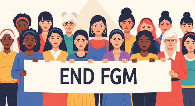 Diverse women holding end fgm sign supporting female genital mutilation awareness campaign