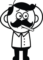 Fototapeta premium Sick cartoon man, fever illustration, thermometer in mouth, black and white drawing, distressed character, flu symptoms, headache, illness concept