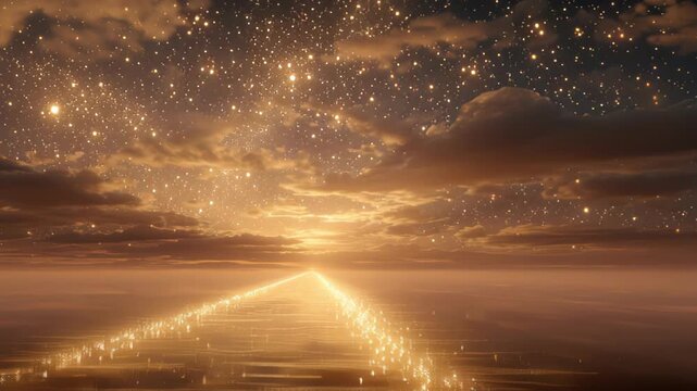 Ethereal path leading into a shimmering, star-filled sky with glowing clouds