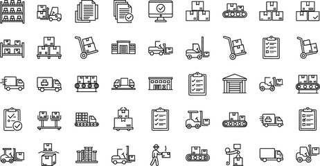 Massive warehouse and logistics line icon set with forklift delivery truck and inventory management symbols for global shipping and supply chain vector © Bappi