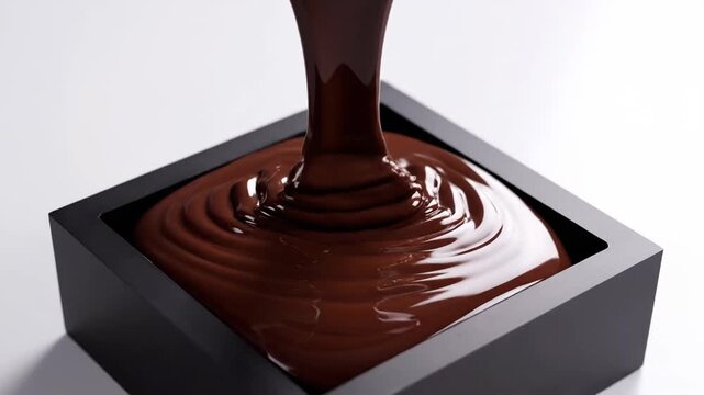 Dark rich chocolate ganache pouring into black square container