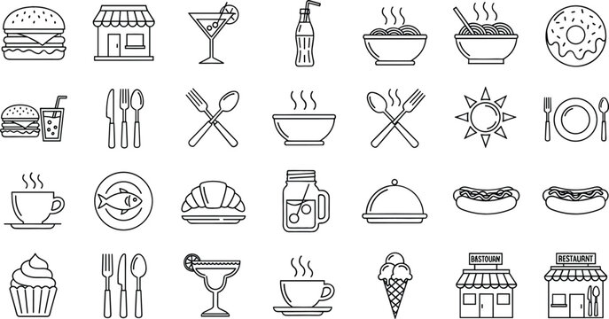 Large food and restaurant line icon set with fast food beverage and dining symbols for cafe menu and delivery app design vector