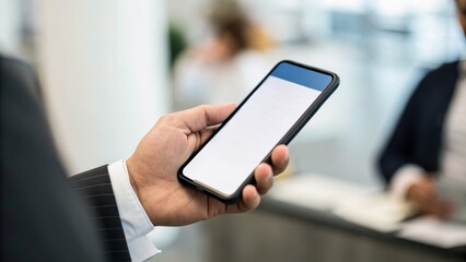A business professional holds a smartphone with a blank screen, ready for communication in a modern office environment.