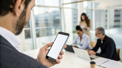 A professional setting with a man holding a smartphone while three colleagues engage in a meeting at a modern office.