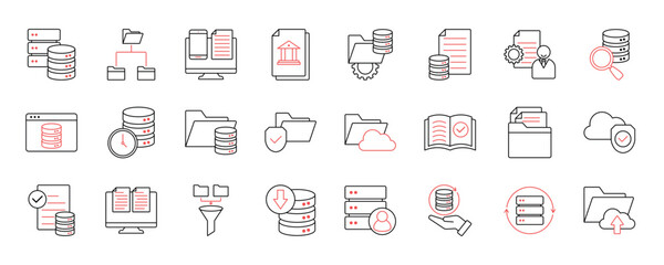 Data Catalog outline icons set. Contain icons related to database, table, column, row, record, entry, asset, source, lineage, governance and more.