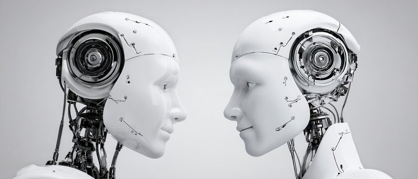 Close-Up Profile of Two Futuristic Robots Engaged in Intense Communication and Connection