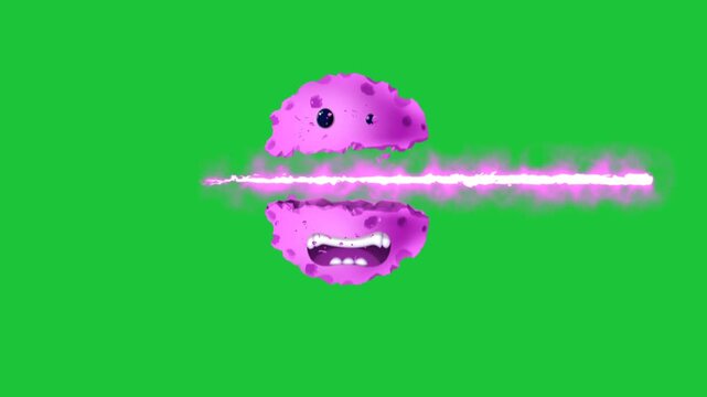 Funny purple cartoon virus split by glowing energy beam on green screen, 3D medical character animation for keying and effects