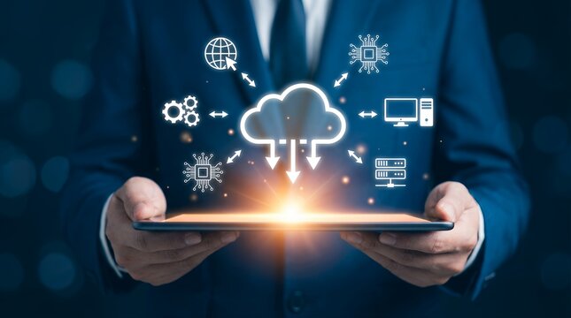 A businessman's hands hold a tablet displaying a cloud computing network with digital icons representing global connectivity data storage and processing symbolizing digital transformation - Powered by Adobe