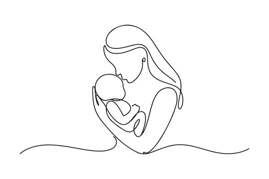 Abstract black line art illustration of a woman with her newborn baby silhouette featuring an elegant hair sketch and minimalist beauty outline symbolizing motherly love and care