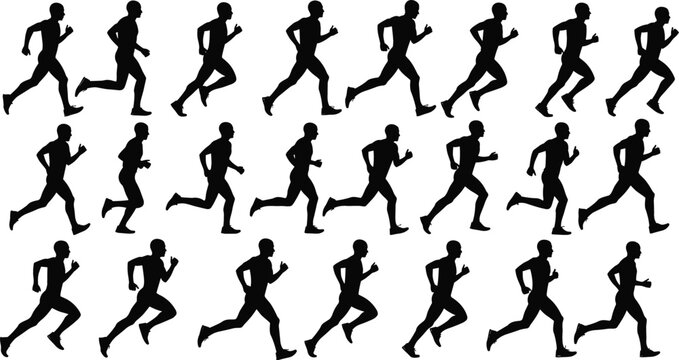 Man running silhouette sprite sheet with athletic male character animation frames for sports game design and motion graphics vector